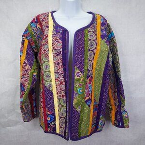 Quilted Cardigan M/L Open Front Coat Long Sleeve Handmade Patchwork Multicolor